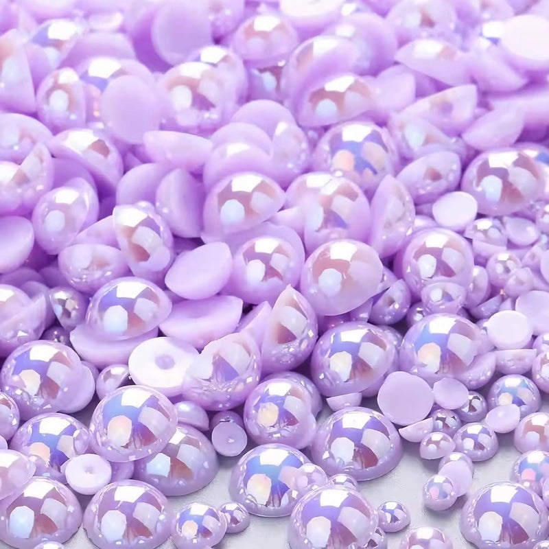 VADQZA 1000PCS Mixed Sizes 3/4/5/6/8/10mm Flatback Half Round Pearls Gems for Crafting, AB Color Pearl Beads Stones for Crafts Jewelry Clothes Shoes Dress Nail Art Making Embellishments (Light Purple AB) - Image 1